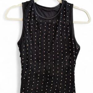 Black sheer tank top with rainbow studs, tie back and open back detail #glam